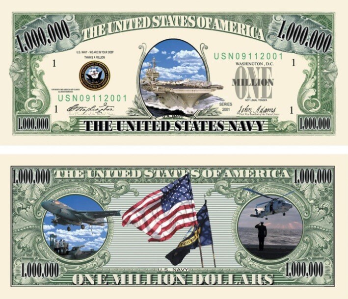 Pack of 25 USN Navy Military 1 Million Dollar Bill Collectible Novelty Money