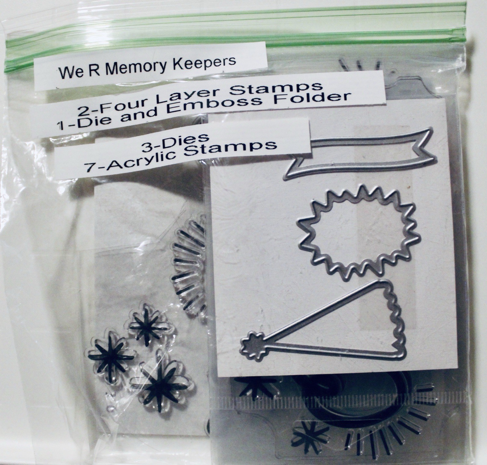 We R Memory Keepers- 2-Four Layer Stamps, 1-Die And Emboss Folder, 3 -Dies & 7-A