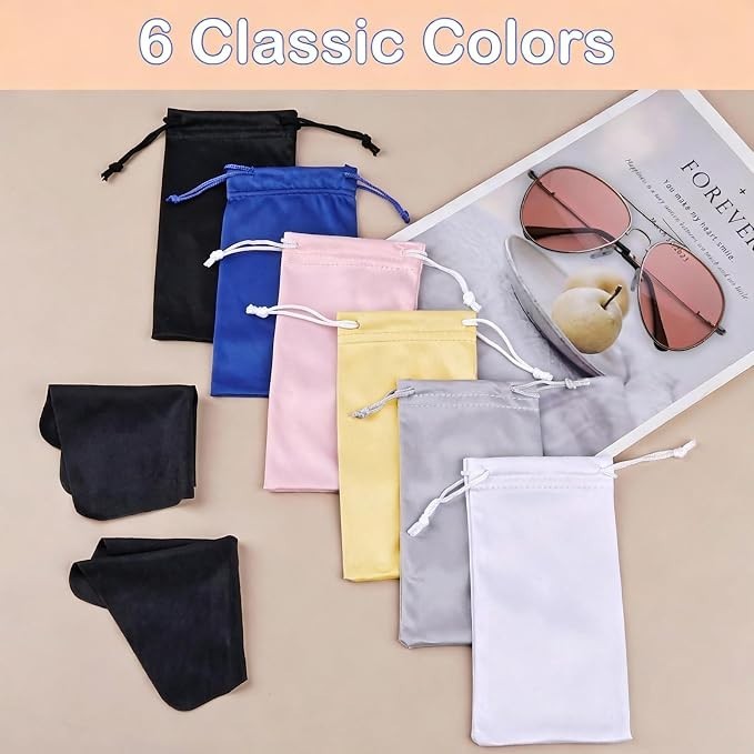 6 Pcs Microfiber Glasses Sunglasses Pouch With 2 Cleaning Cloths Soft Drawstring