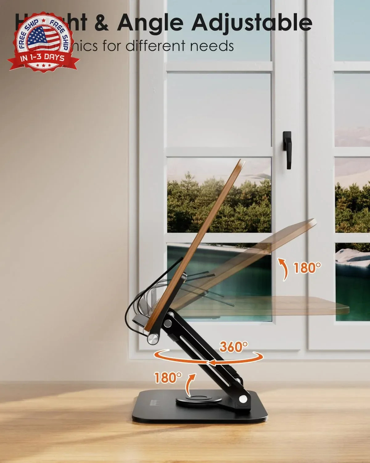 Book Stand for Reading, Adjustable Book Holder with 360° Swivel Base &
