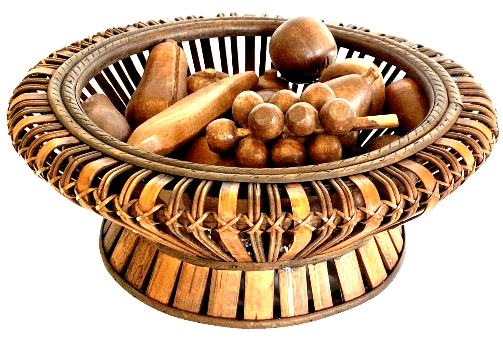 Vintage Wood Pedestal Basket with 18 Pieces of Decorative Wood Fruit 