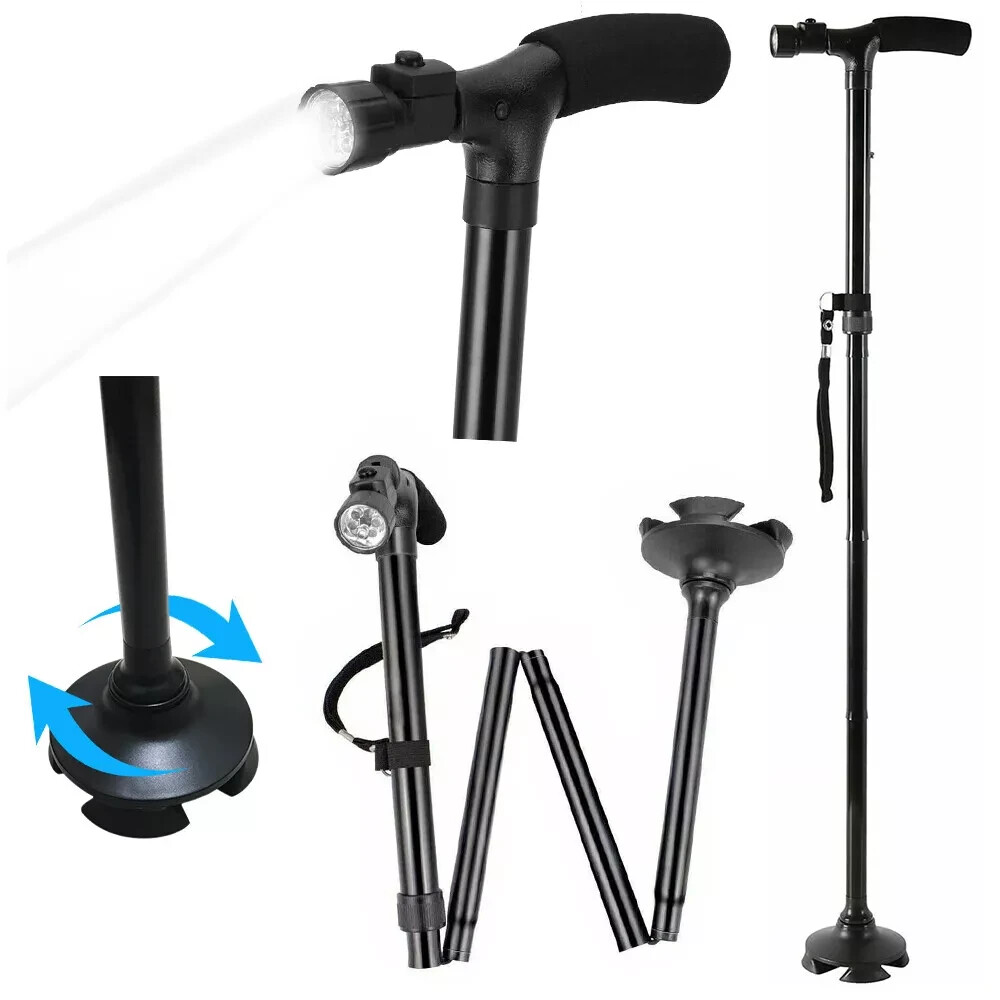 New Folding Walking Cane with LED Light, Adjustable Walking Stick with Carrying