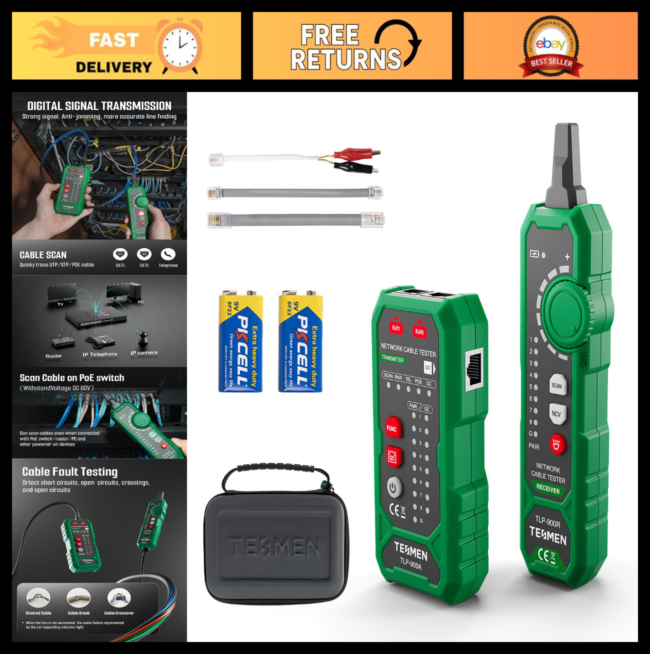 Multi-Function Network Cable Tester RJ11 RJ45 CAT5/6 POE Continuity Tracer - Gre