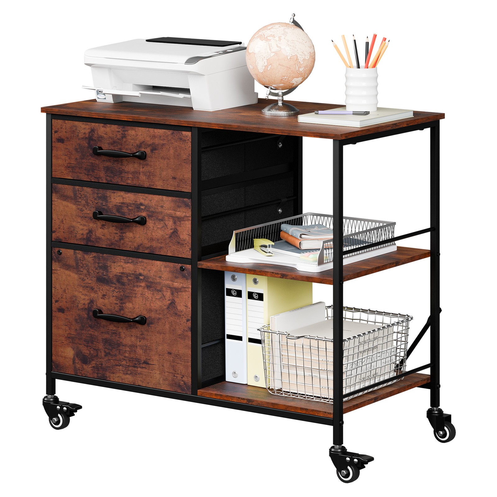 3 Drawer Mobile File Cabinet Rolling Printer Stand w/ Storage Shelf Rustic Brown