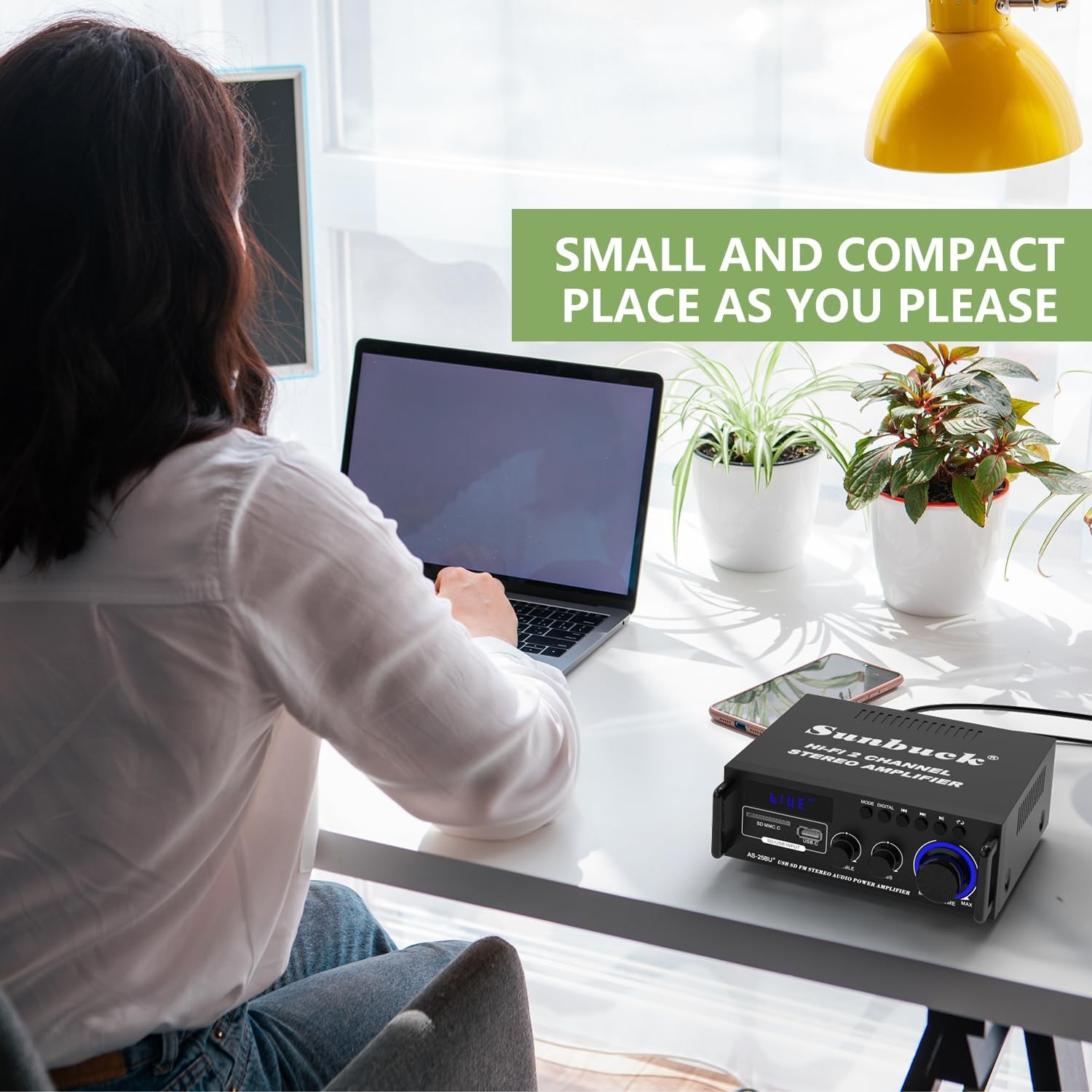Sunbuck Small Stereo Amplifier, Receiver with Bluetooth, Black