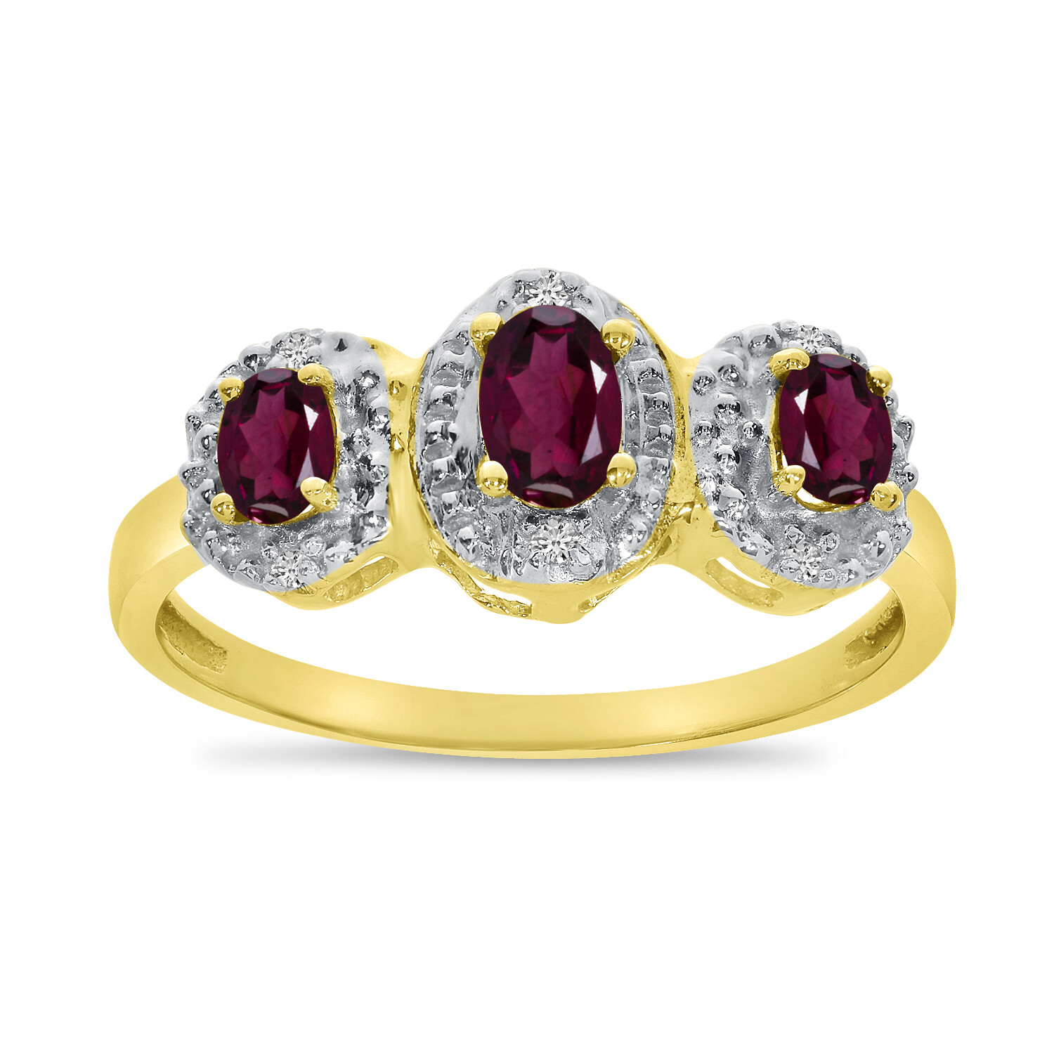 10k Yellow Gold Oval Rhodolite Garnet And Diamond Three Stone Ring