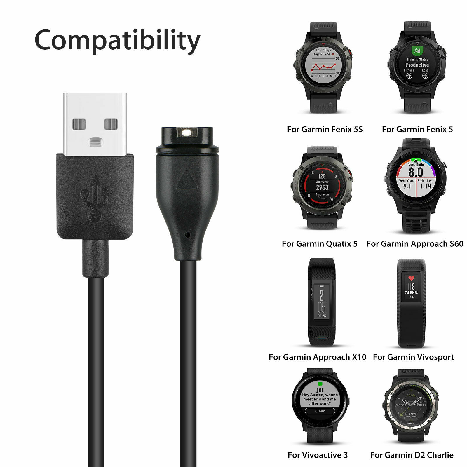 Garmin Stricker Cast GPS Charger Replacement Charging Cable Cord USB