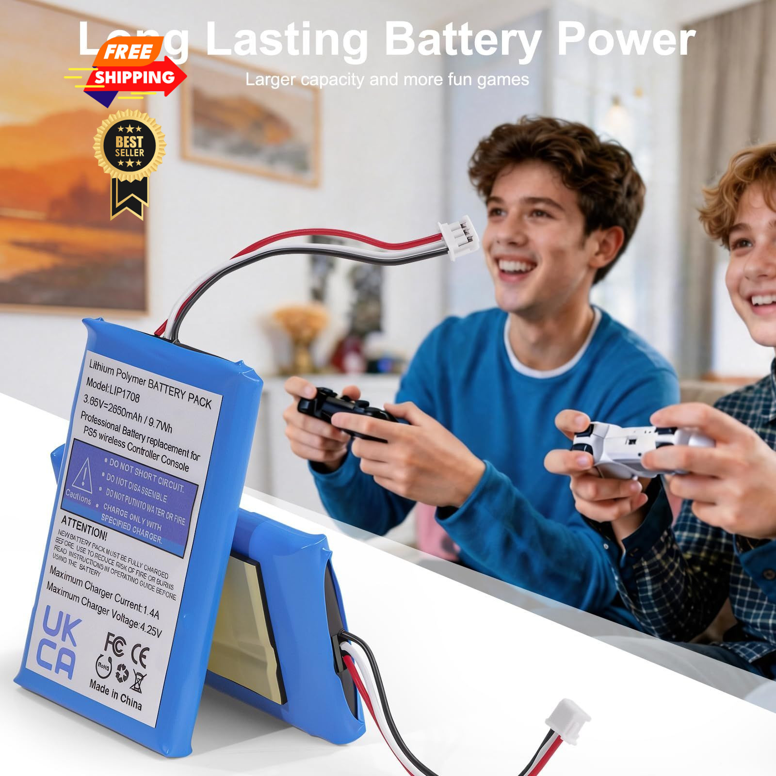 GKUGEYGO PS5 Controller Battery, 2-Pack LIP1708 Replacement Battery for Black