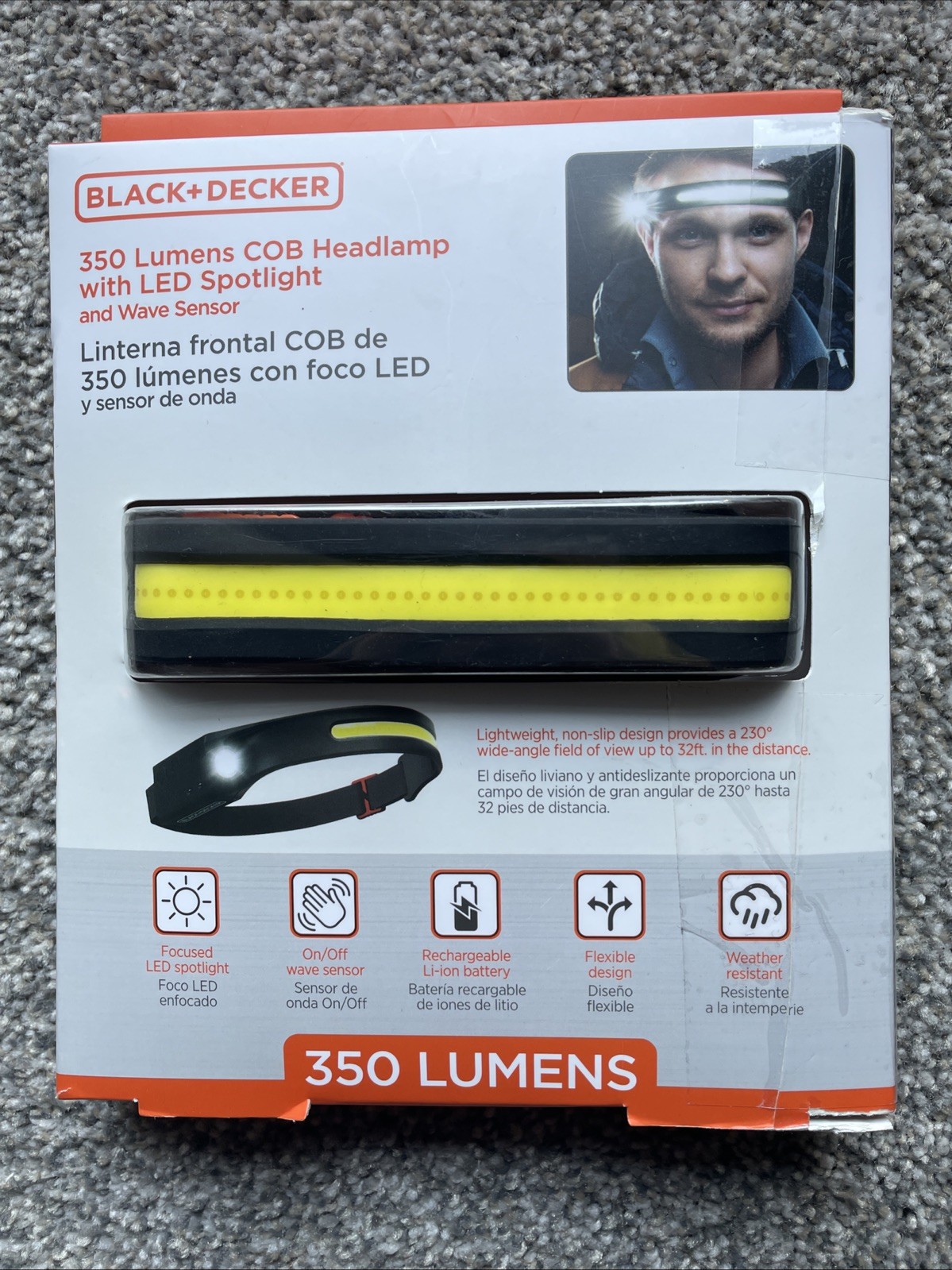 BLACK+DECKER 350 Lumens COB Headlamp Wave Sensor LED Spotlight USB Recharge IP65