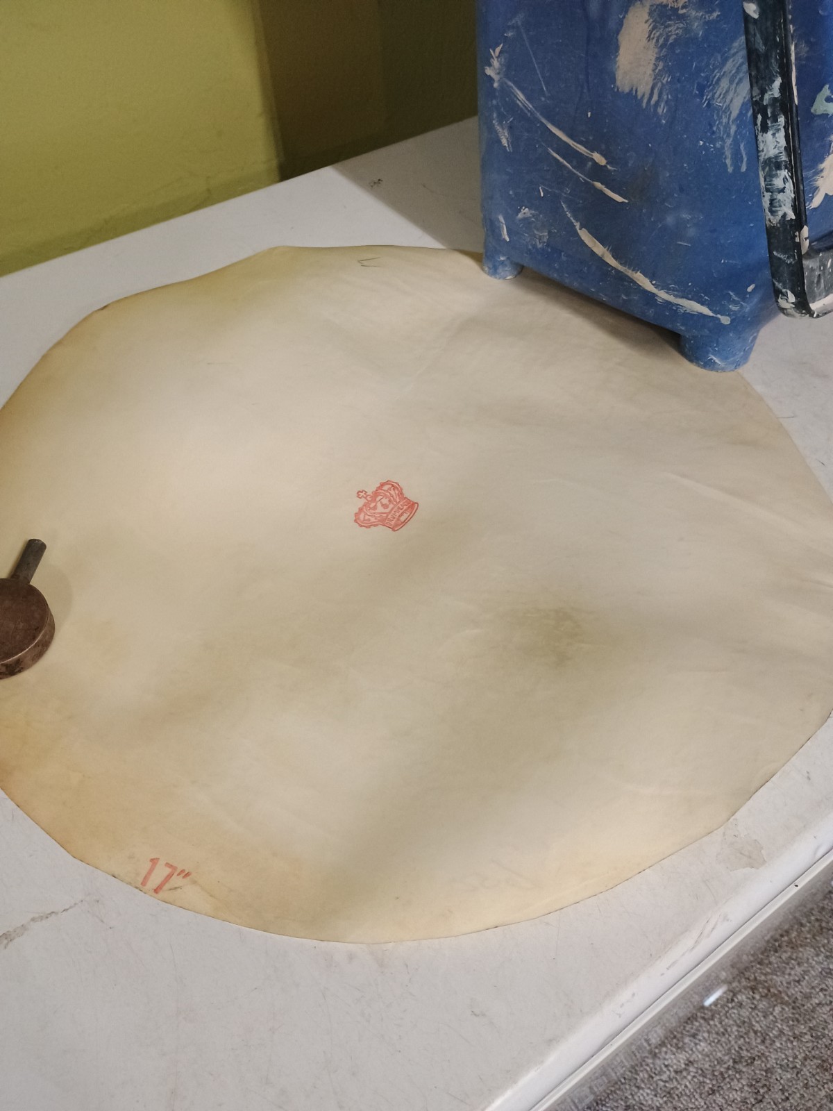 VINTAGE 1950's GOLD CROWN RED STAMP 17" CALF DRUM HEAD-OLD STOCK UNMOUNTED-VG!