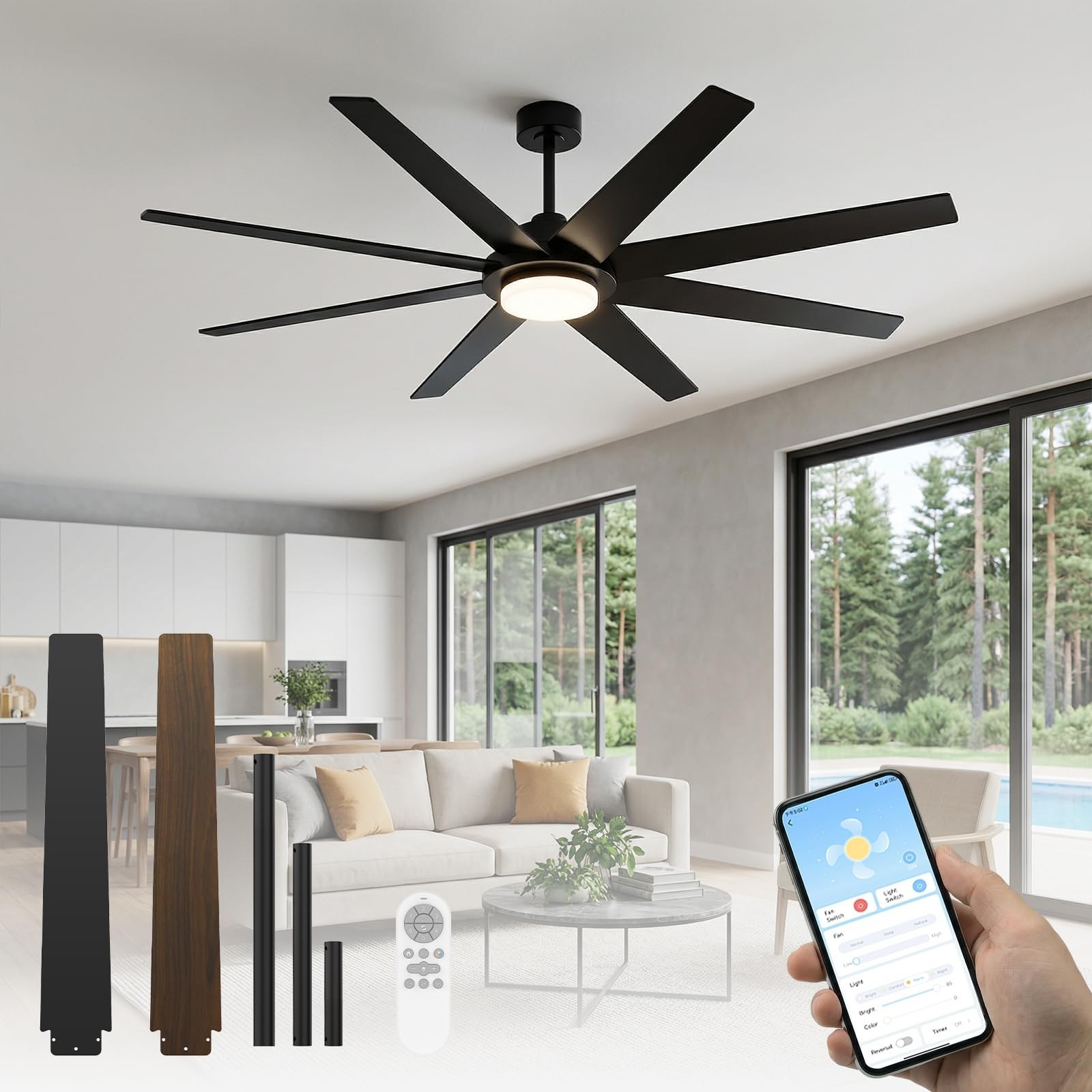 72 Inch Ceiling Fans with Lights, Large Ceiling fan with Light and Remote/APP...