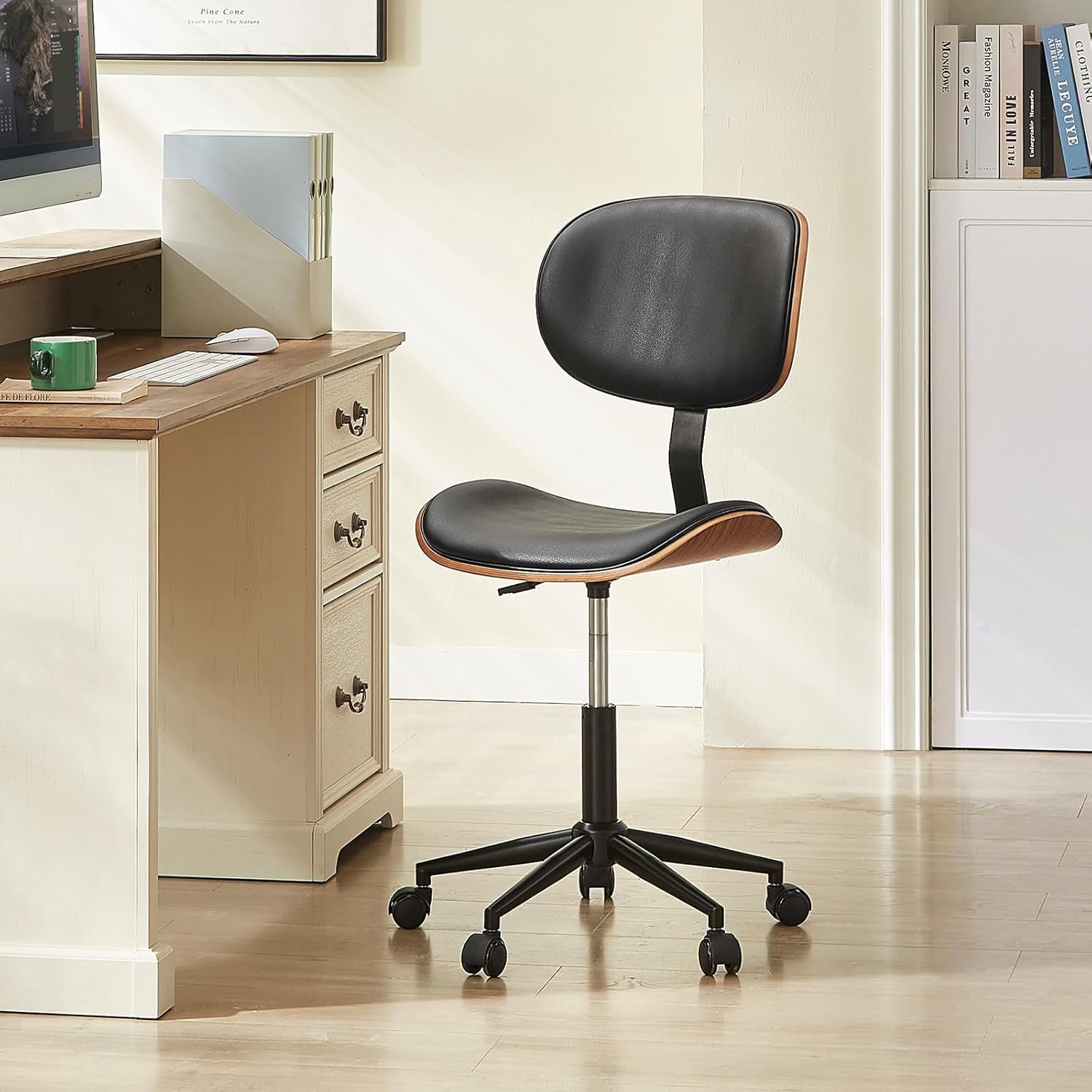 Small Office Chair W/ Bentwood Back Support Armless Desk Chair W/ 360° Swivel