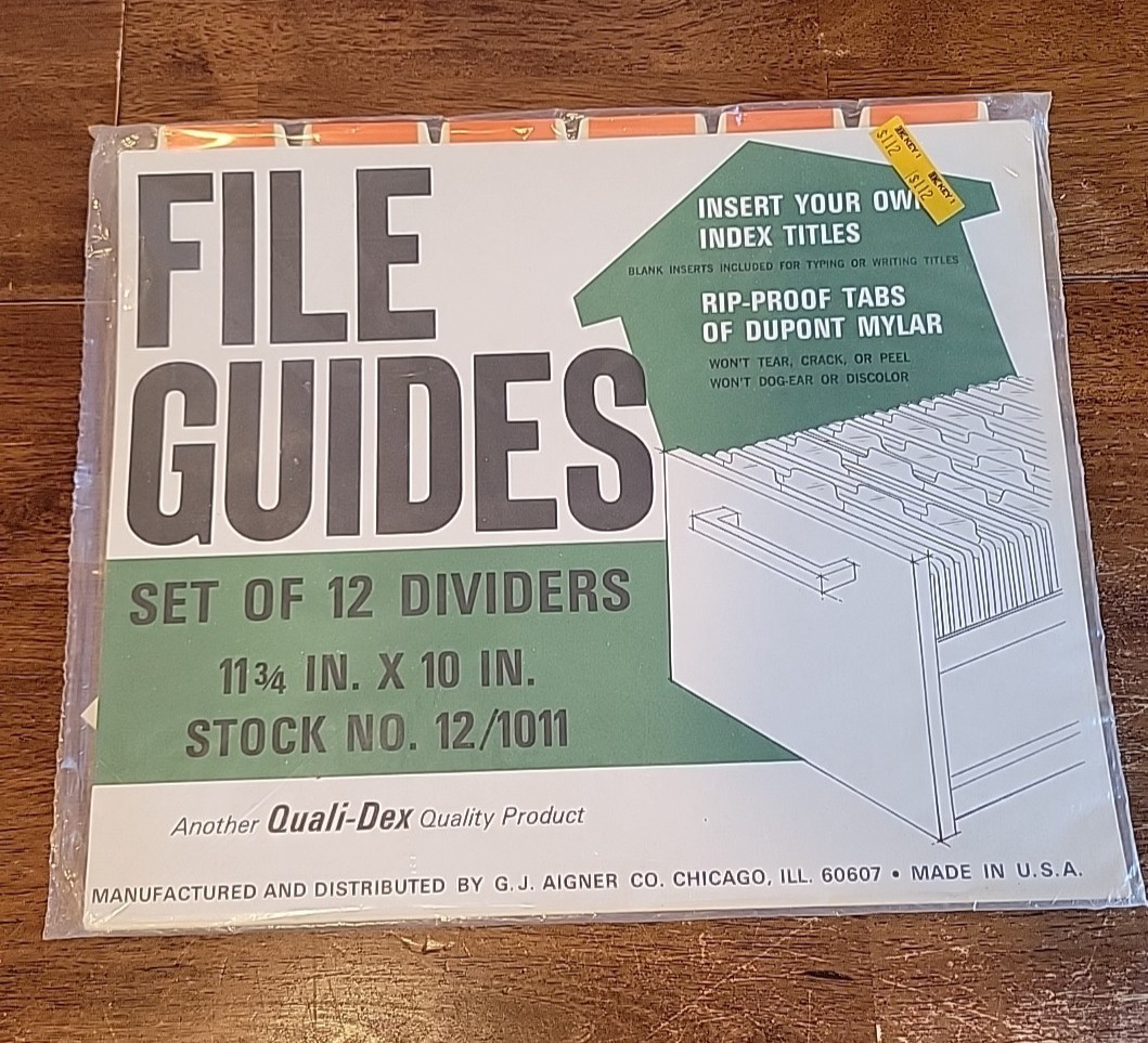 VTG NIP Quali-Dex File Dividers W/ Price Tag 12 Count Sealed 11 3/4" x 10"