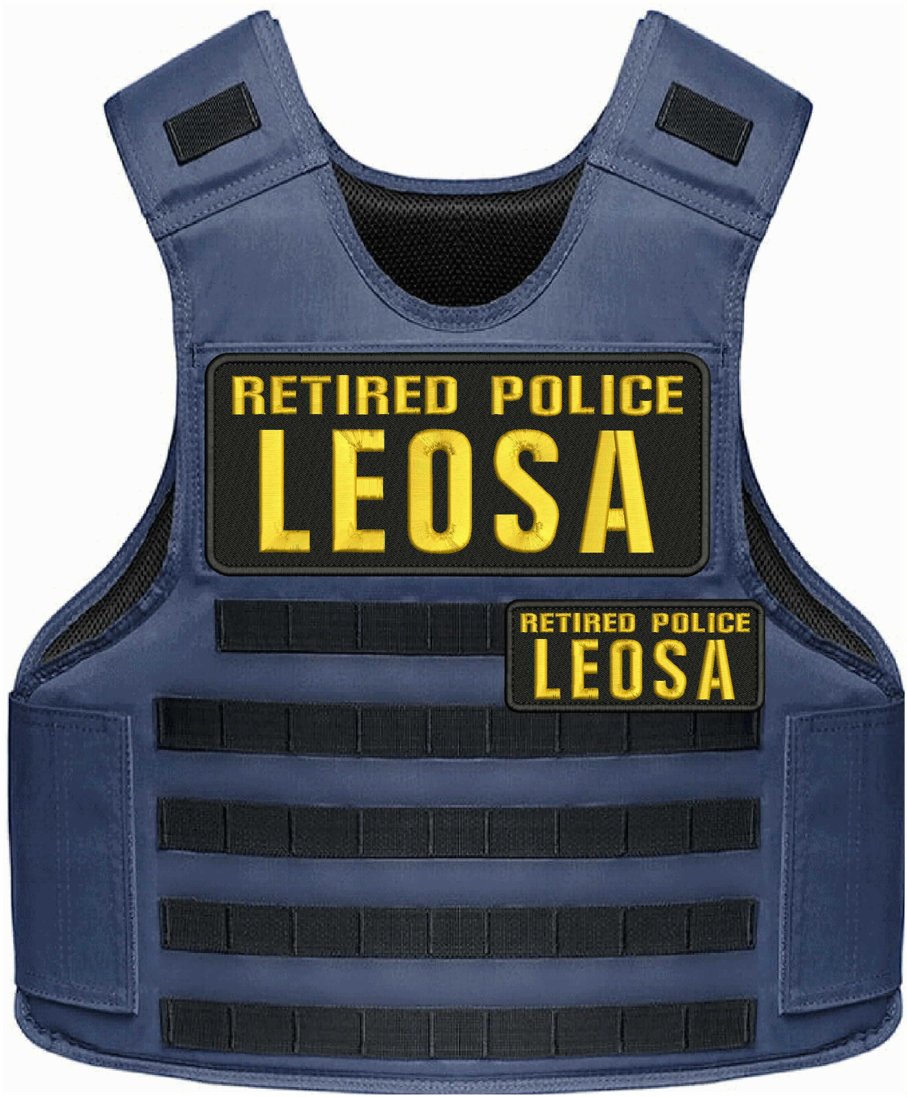 RETIRED POLICE LEOSA EMB PATCH 4X10 AND 2X5 HOOK ON BACK GOLD ON BLACK