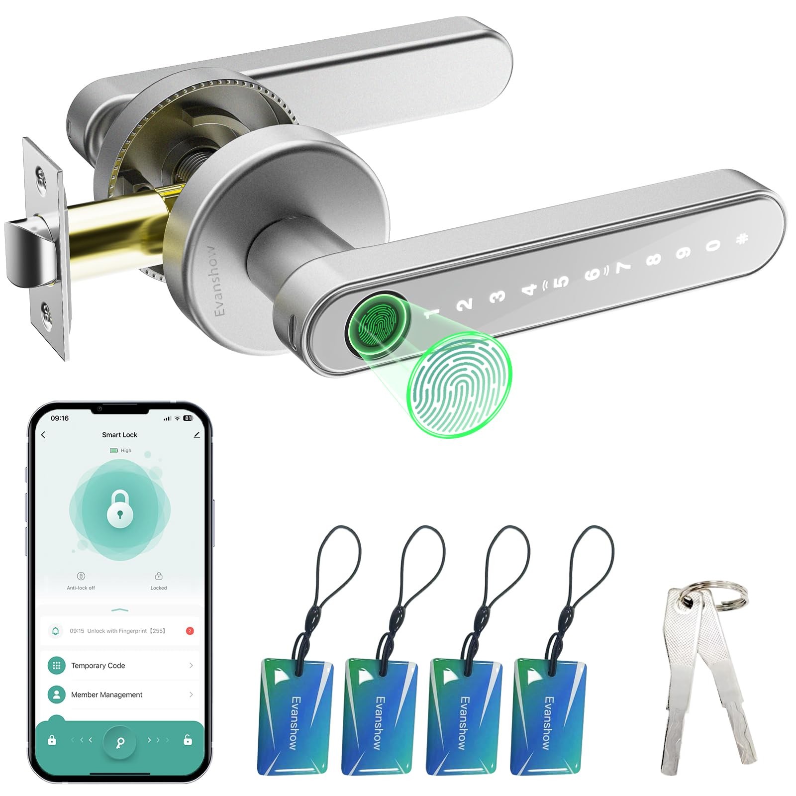 Evanshow Smart Door Lock with Knob, Keyless Entry Locks With APP, Black