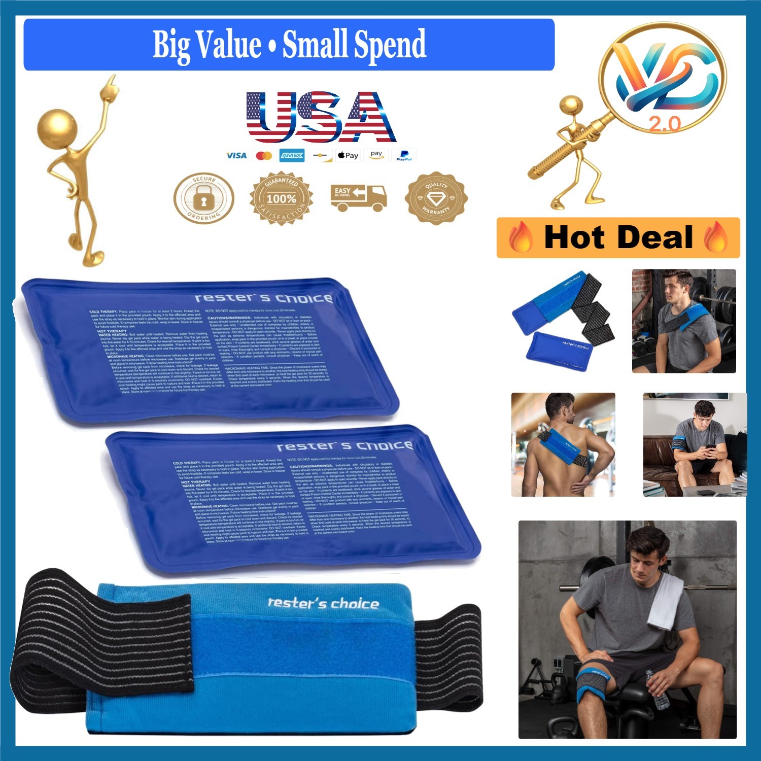 2 Reusable Gel Ice Packs with Adjustable Wrap for Pain Relief Knee Body Blue