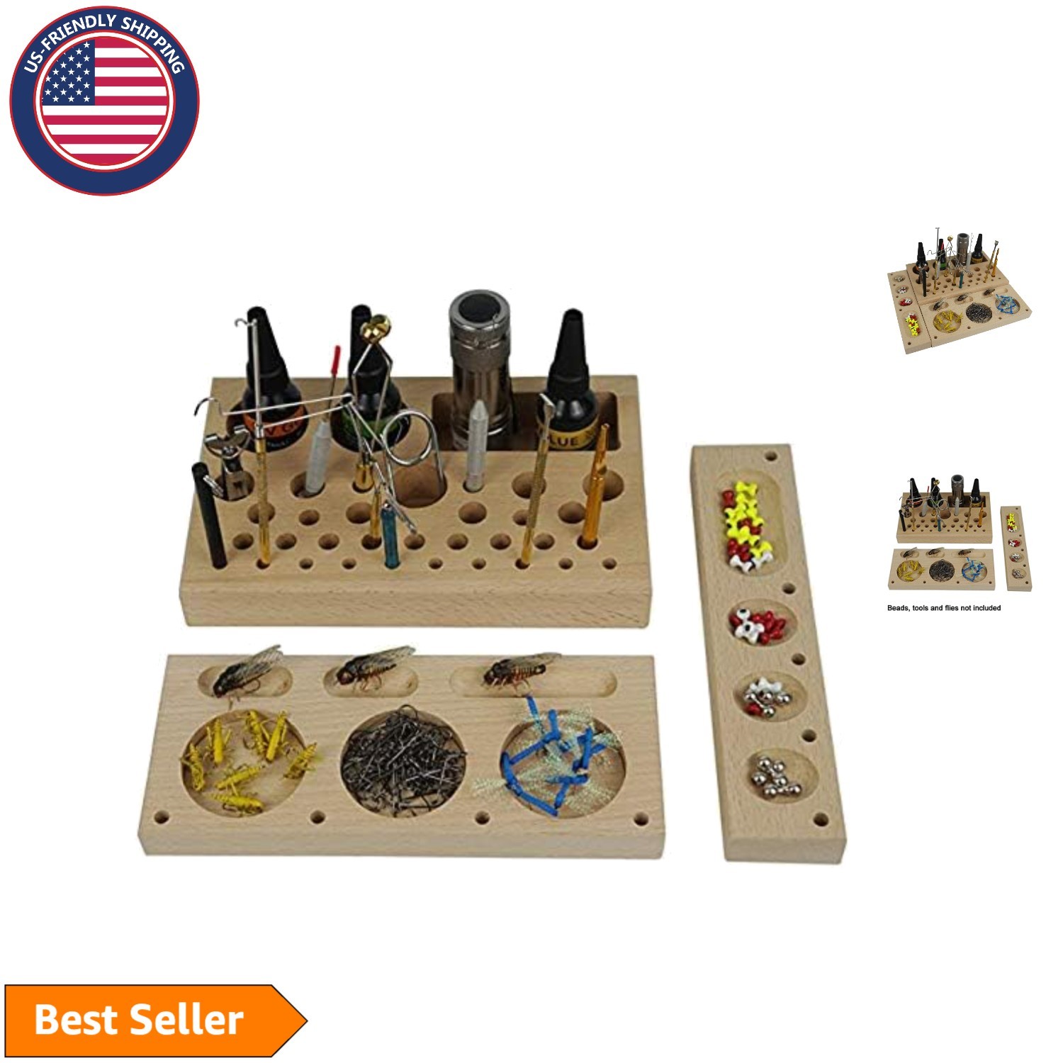 Deluxe Wooden Fly Tying Tool Organizer with 32 Compartments - 3 Piece Set
