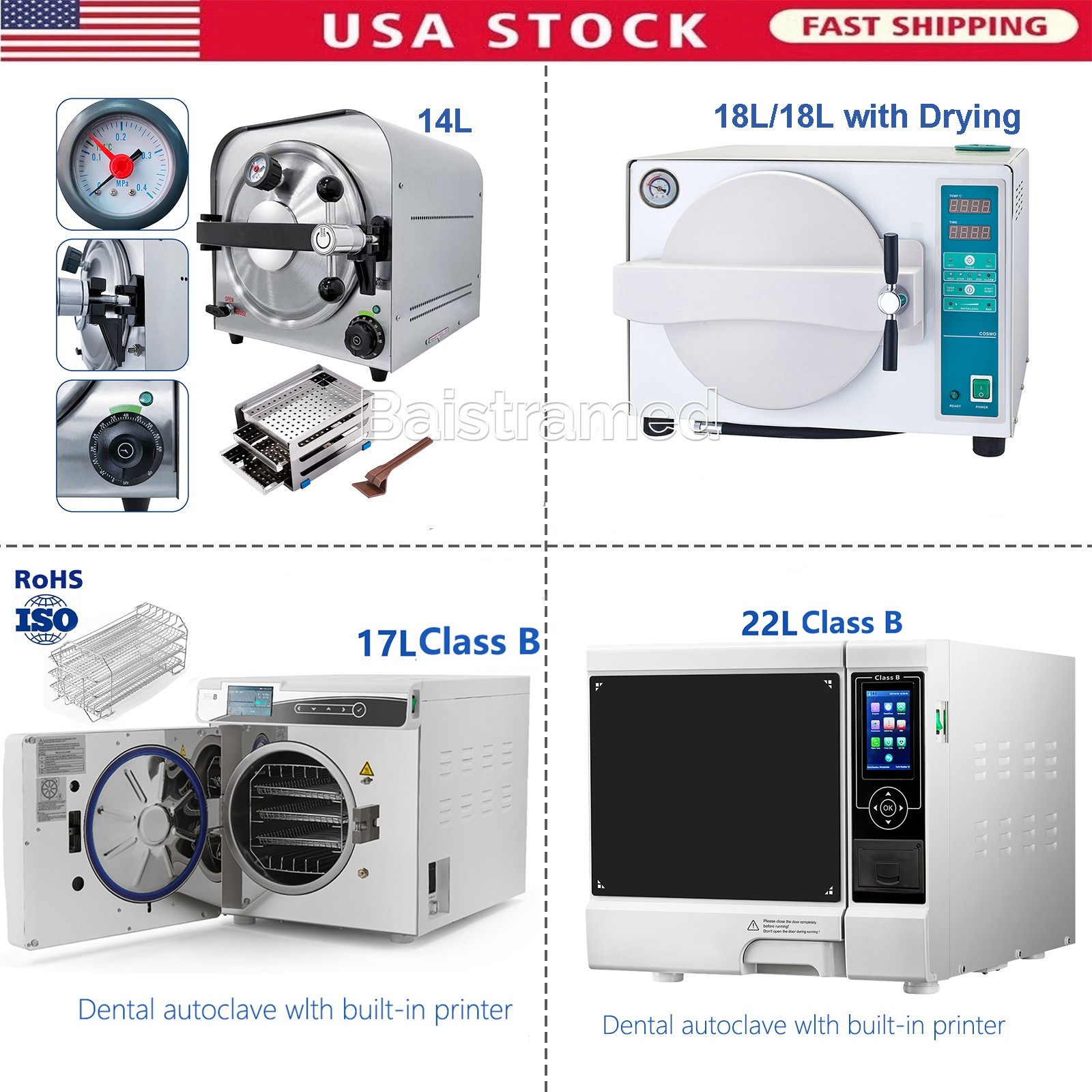 18L/22L Dental Autoclave Steam Sterilizer Class B Medical Sterilization &Printer
