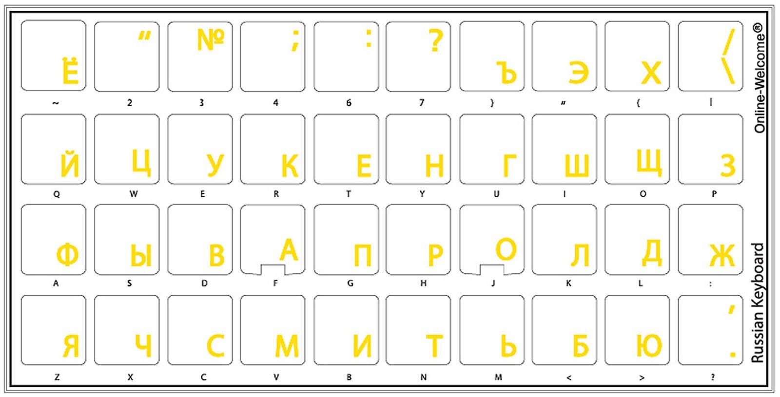 RUSSIAN KEYBOARD STICKER TRANSPARENT YELLOW LETTERS LABEL