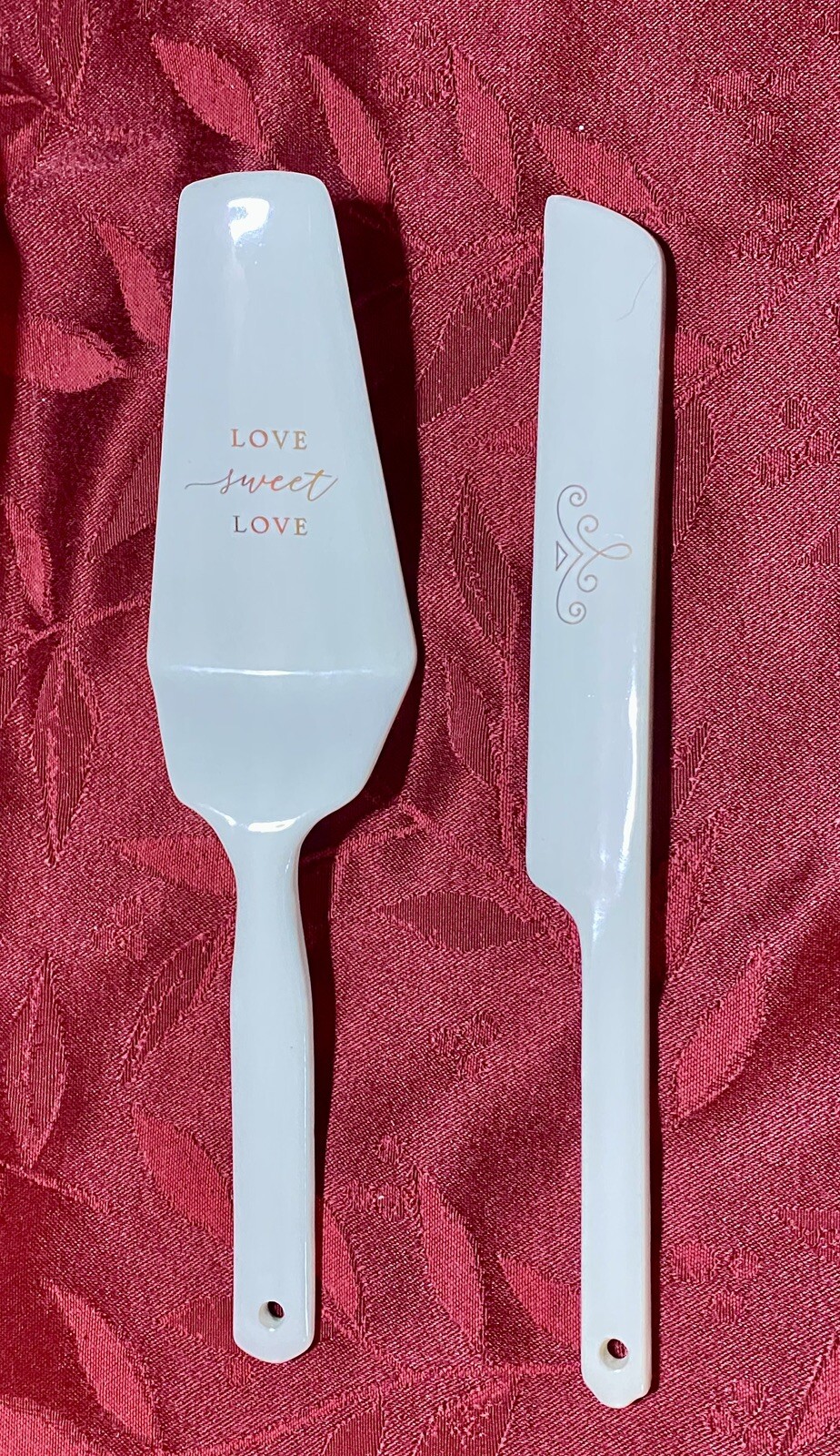 Wedding Porcelain White & Gold Foil Print Cake Serving Set, Knife & Server