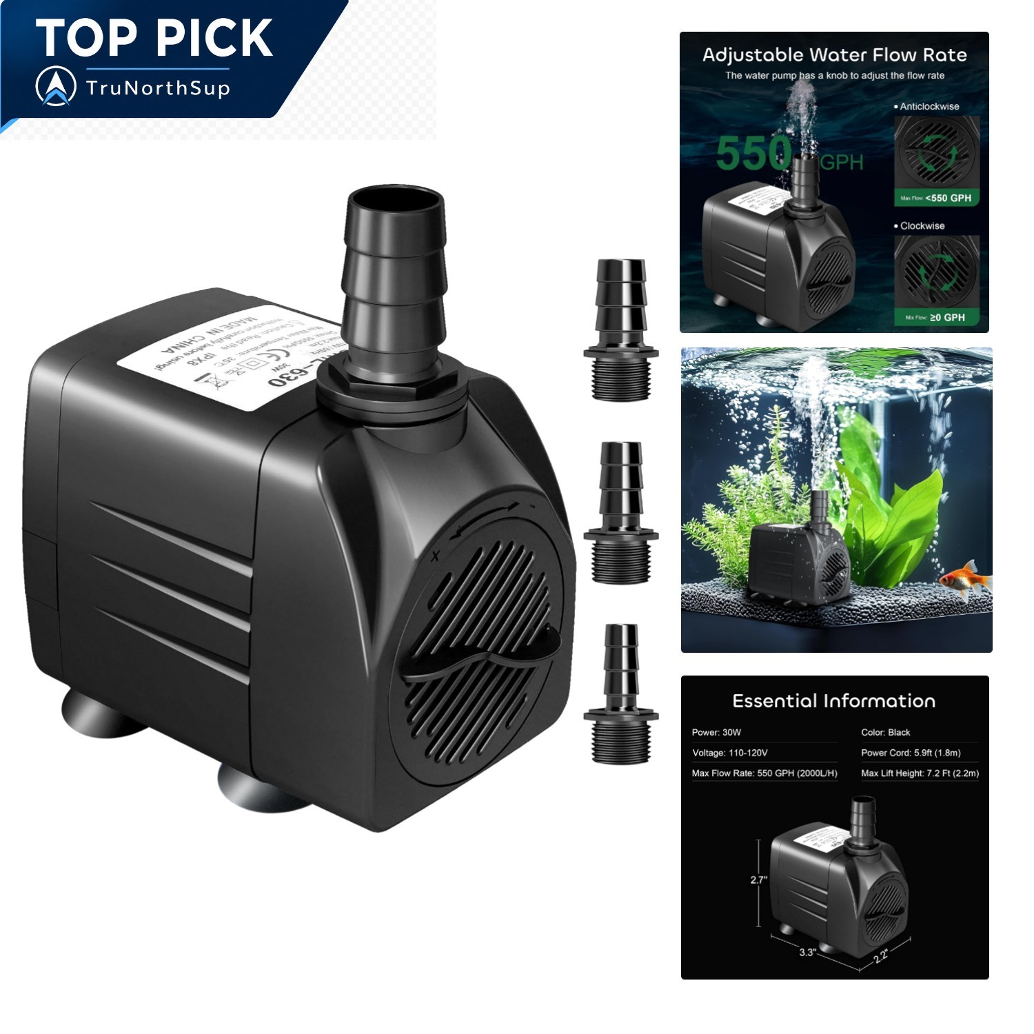 Submersible Water Pump 550 GPH 30W Aquarium Pond Fountain Hydroponics