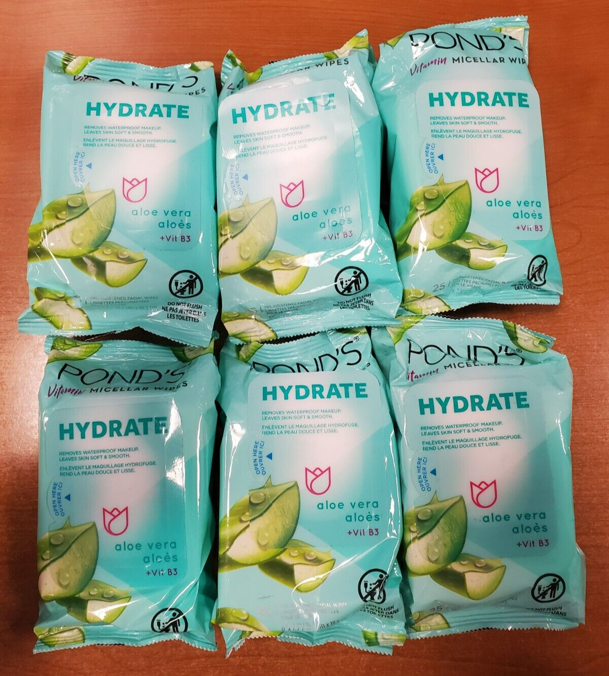 6 Packs of 25 Wipes: Ponds Vitamin Micellar Wipes Hydrate Aloe Vera (3398) F3A