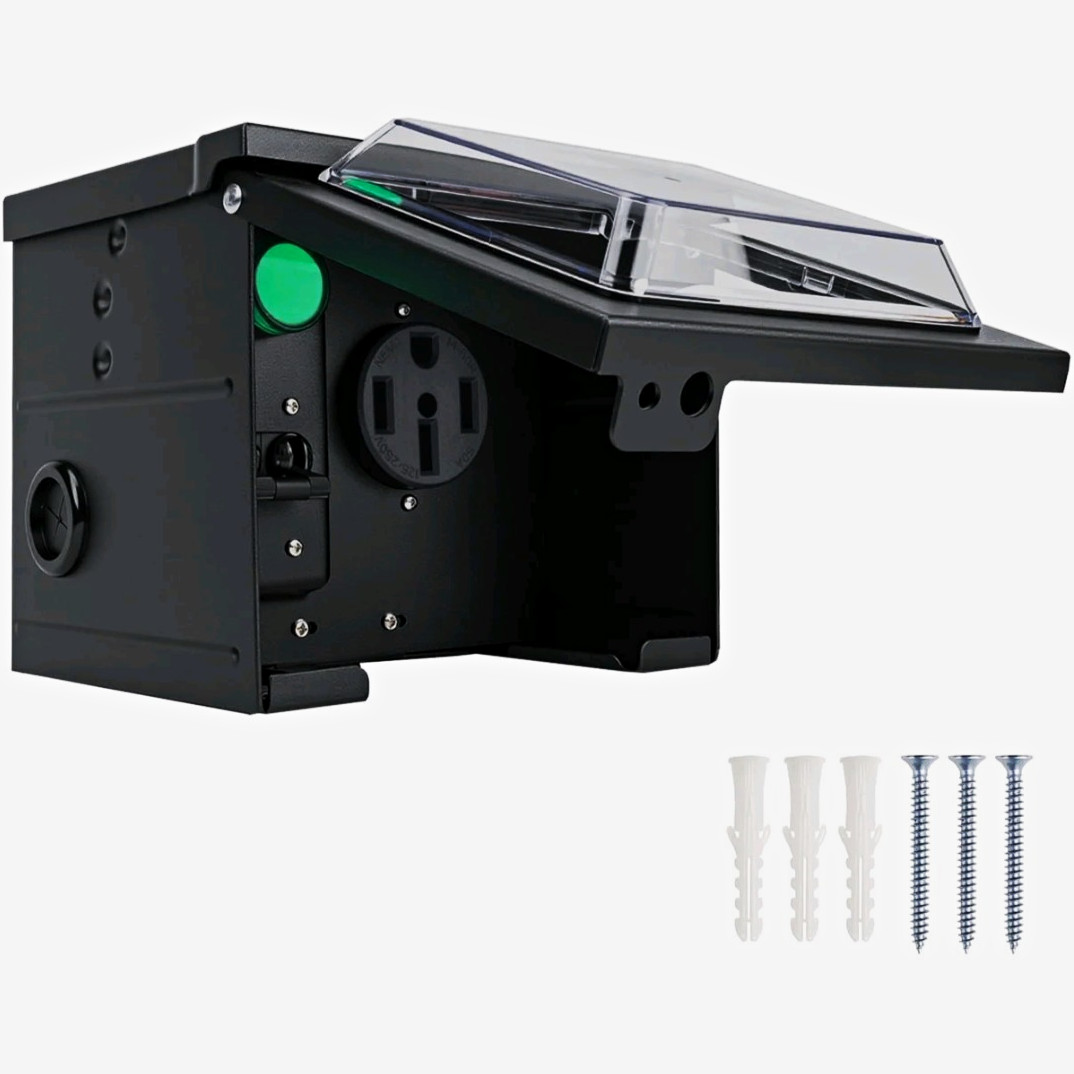 RV 50A Outlet Box, NEMA 14-50R,  125/250V, Weatherproof, With 50A Breaker