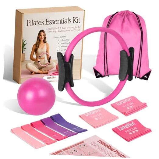 pilates essentials kit for home workouts, pink pilates equipment set with