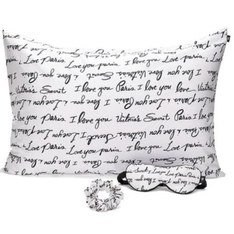 NIB Victoria's Secret Black White Satin Script Gift Set VS I Love You Sleep Set