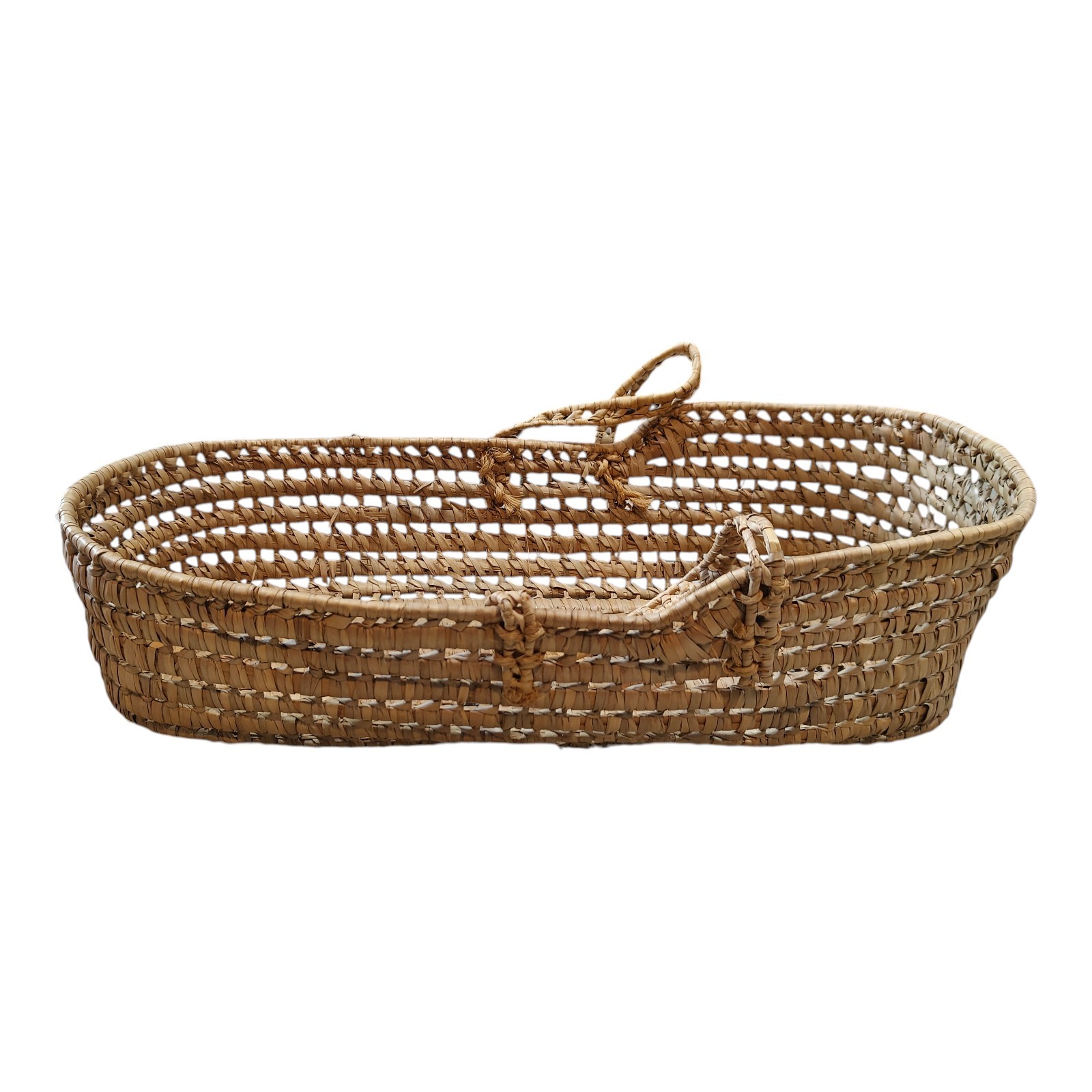 VTG  Hand Woven Wicker Seagrass Baby Doll Basket Bassinet Farmhouse Hood Handles