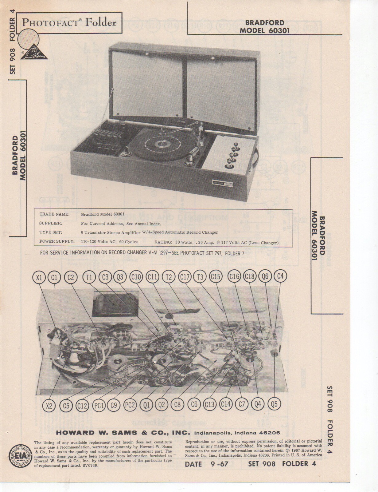 1967 BRADFORD 60301 RECORD PLAYER CHANGER SERVICE MANUAL PHOTOFACT SCHEMATIC FIX