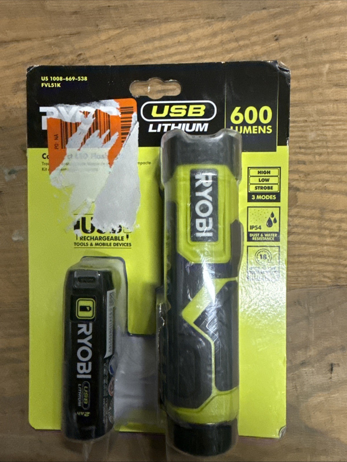 RYOBI USB Lithium LED Flashlight Kit with 2.0 Ah Battery and Charging Cable NEW