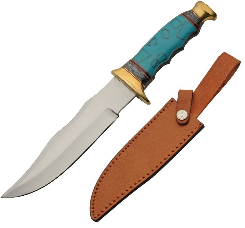 Turquoise Bowie Fixed Knife 7.25" Stainless Steel Blade Grooved Resin Handle