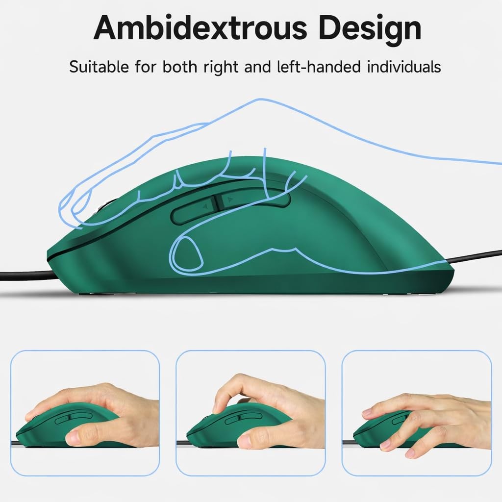 Wired USB Computer Mouse 1400 DPI Optical Ergonomic 5 Ft Cord Dark Green