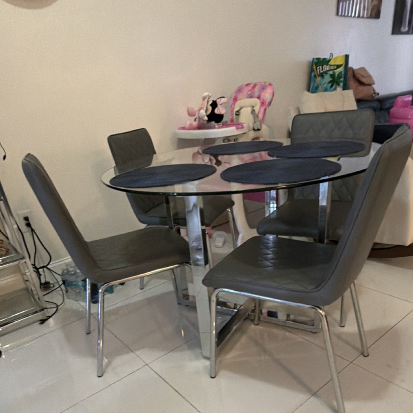 Round Glass Dining Table Set with 4 Gray Faux Leather Chairs, Silver Base