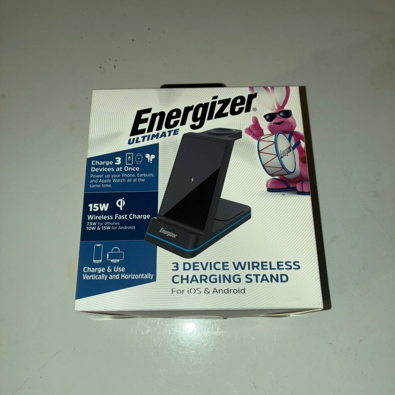 Energizer 3-in-1 15W Qi Wireless Fast Charger Stand with RGB for iPhone AirPods