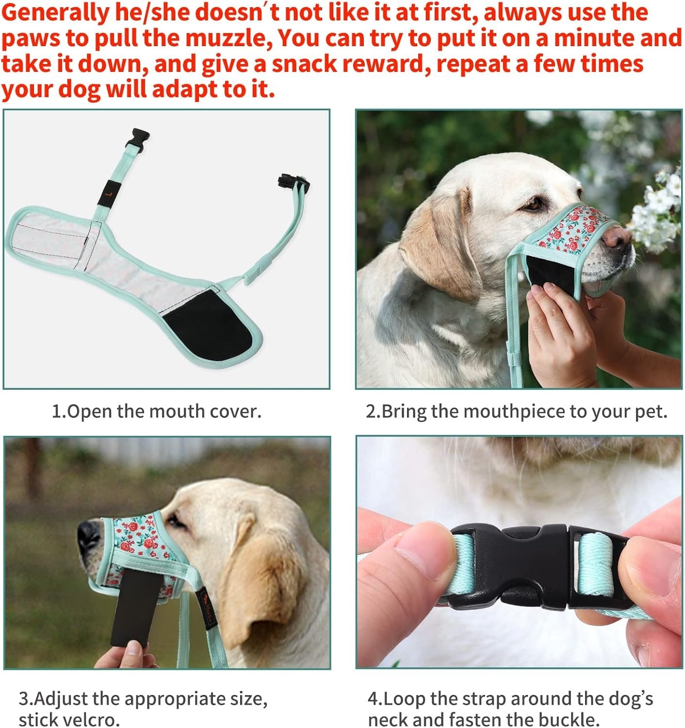 P-Cyan Flower Adjustable Dog Muzzle - Anti Biting, Breathable Mesh for Size M