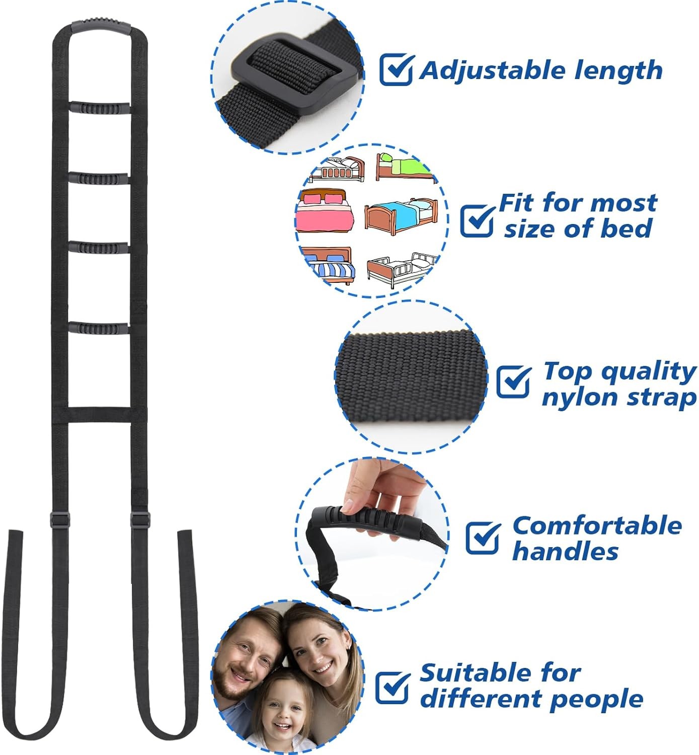 Bed Ladder Assist Pull Up Sit with 6 Handles, YS0040-6 Black