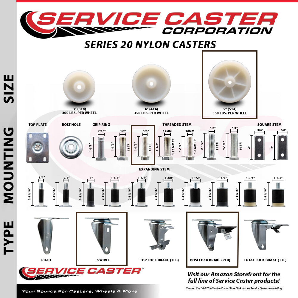 5 Inch Nylon 3/8 Inch Threaded Stem Caster Set with Brake