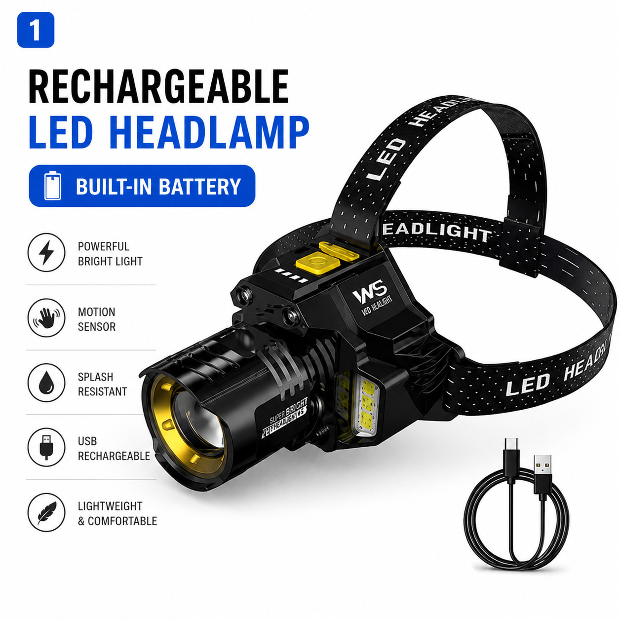 LED Headlamp Motion Sensor Rechargeable Built-in Battery Zoomable Waterproof