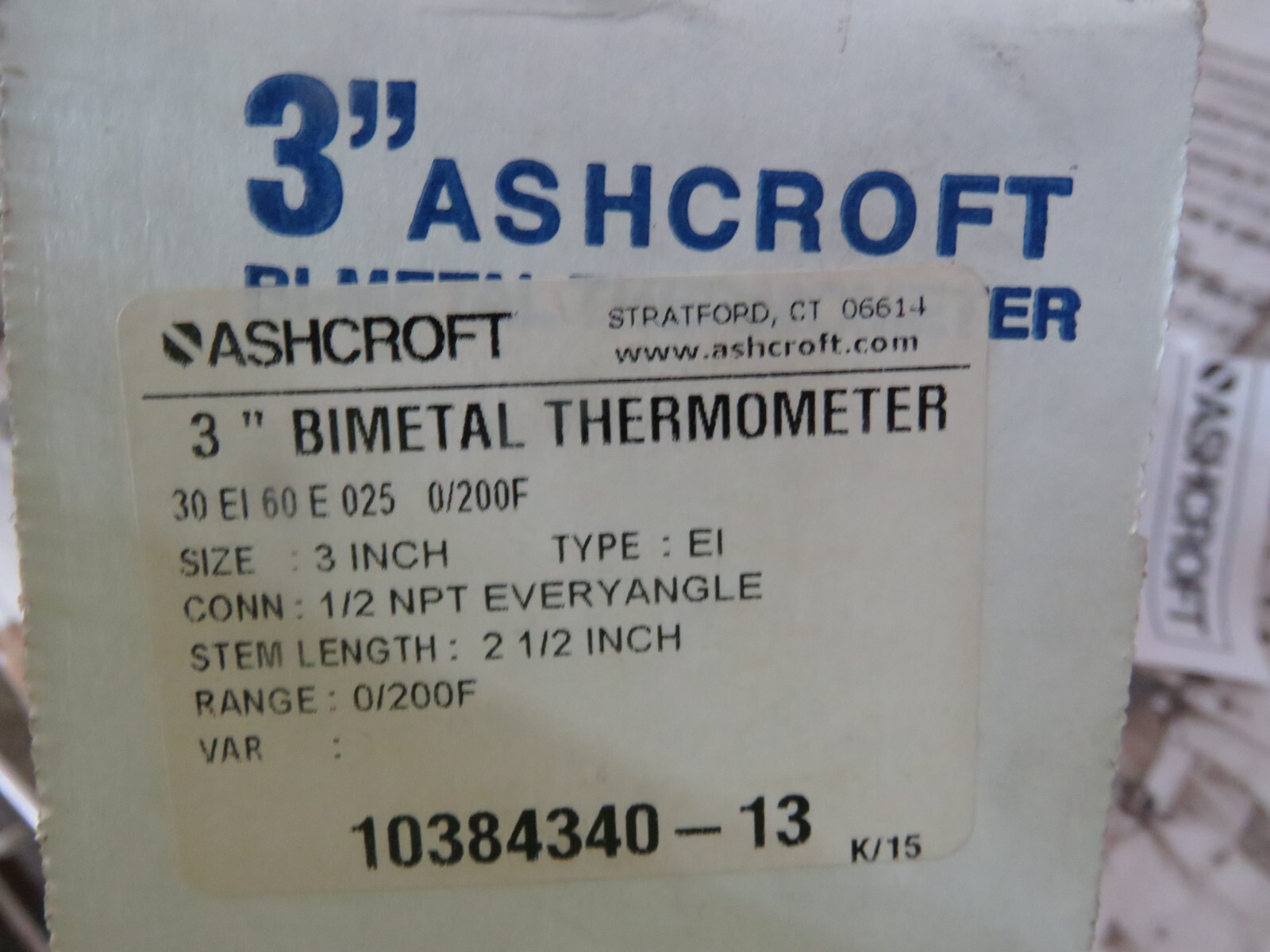 ASHCROFT 3'' BIMETAL THERMOMETER NEW IN BOX