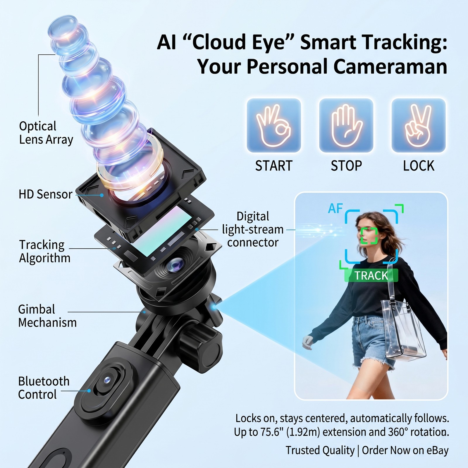 76'' Selfie Stick Auto Face Tracking Tripod 360° Rotation with Remote Control