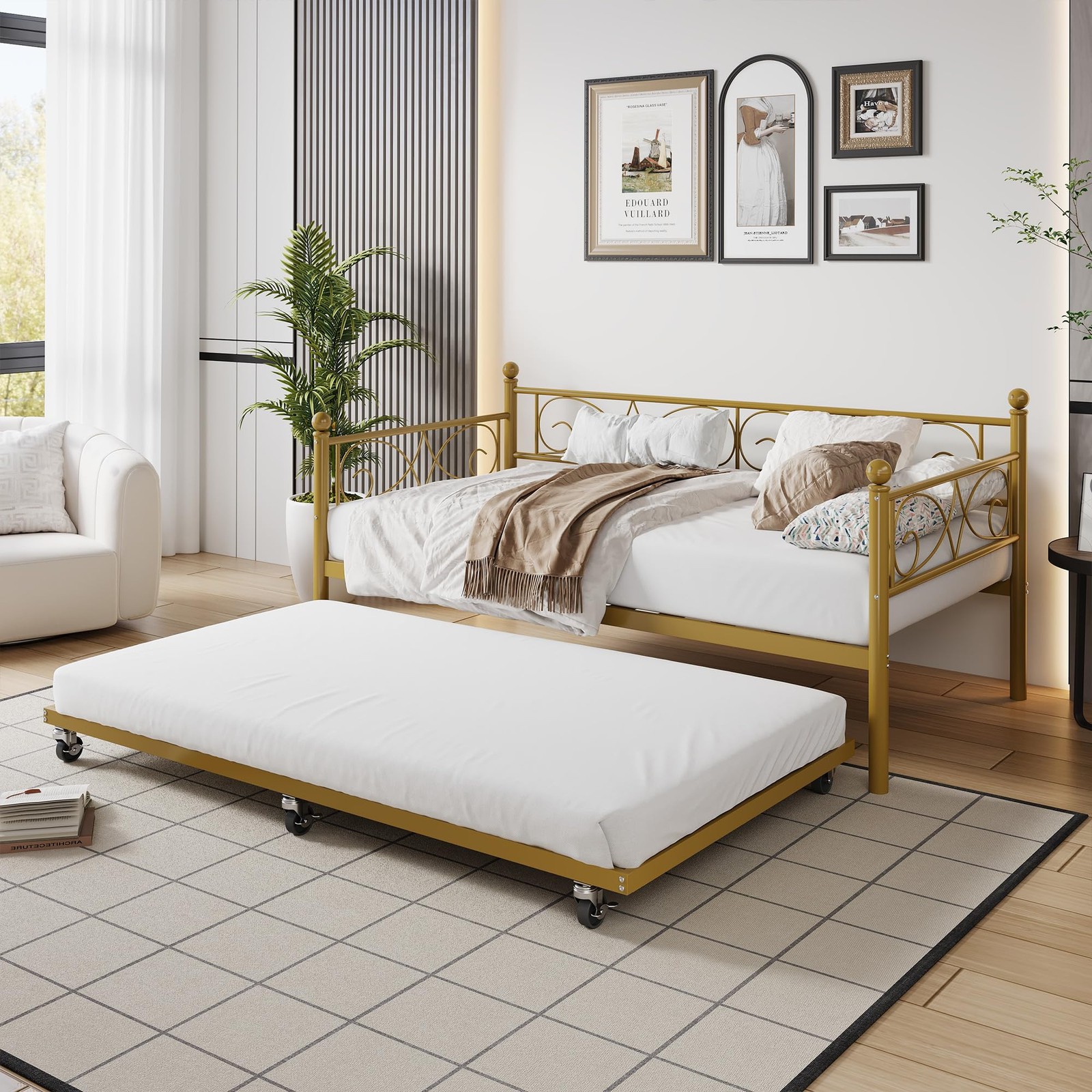Twin Daybed Frame with Trundle, Sofa Bed Frame Heavy Duty Steel Slat Support New
