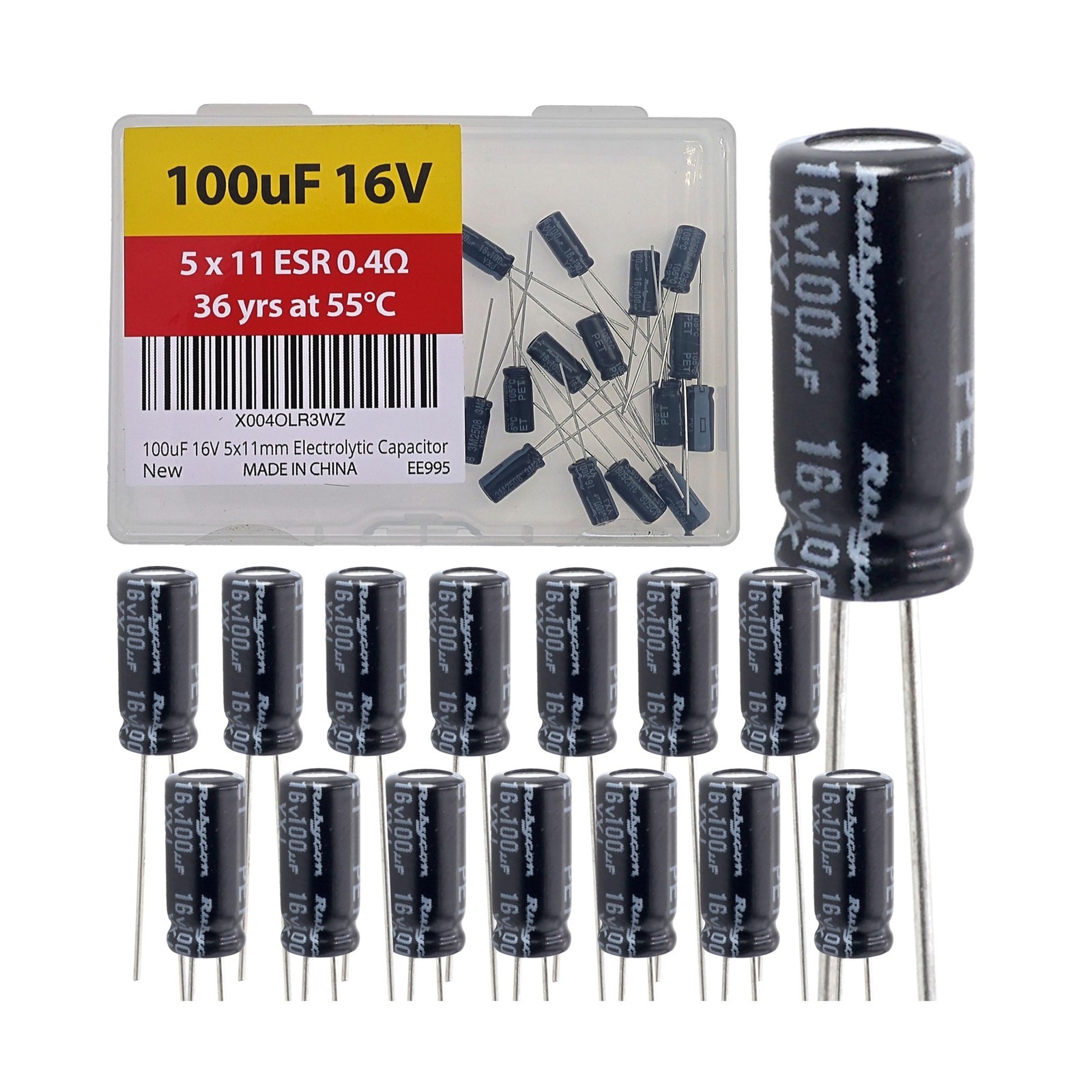 100uF 16V 5x11mm Rubycon Electrolytic Capacitor Low ESR 0.4Ω Long Life 36yr