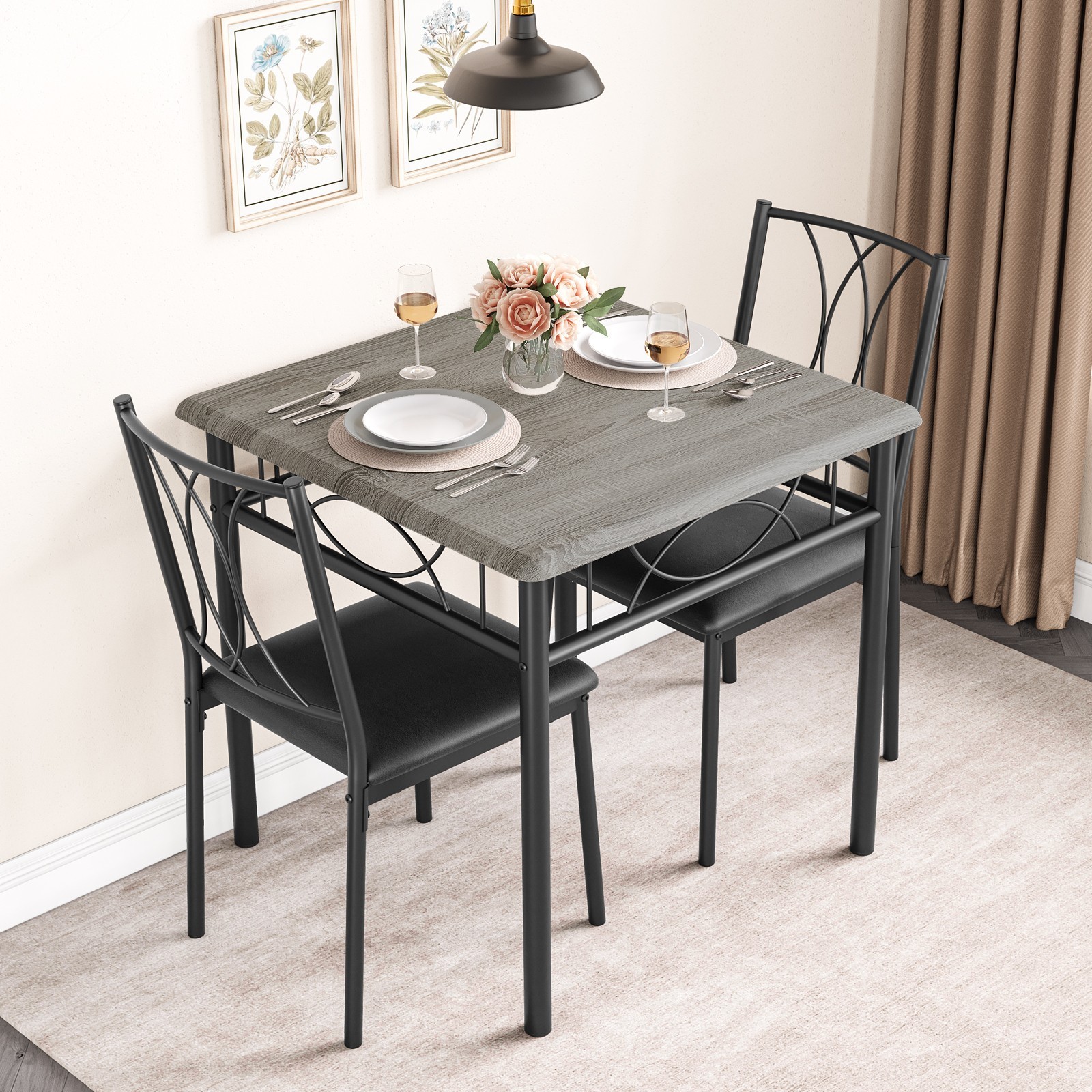 3 Piece Dining Table Set for 2 kitchen Table Dinette With Upholstered Chairs