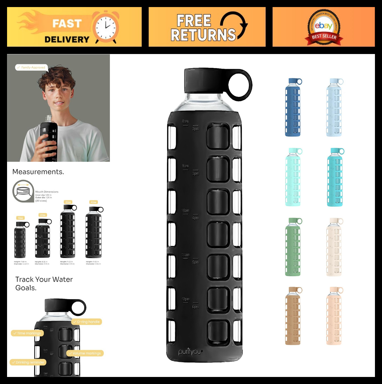 Borosilicate Glass Water Bottle 40oz/32oz/22oz/12oz with Time Markers, Silicone