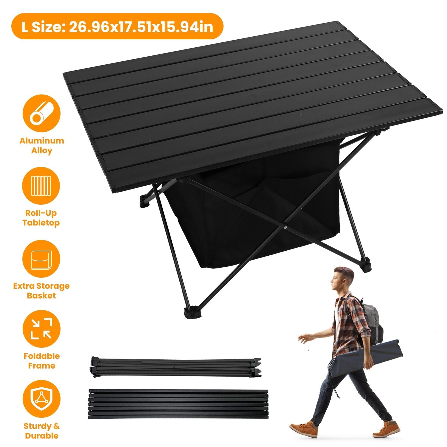Foldable Camping Table Portable Rustproof Aluminum Alloy Roll-Up Table w/ Basket