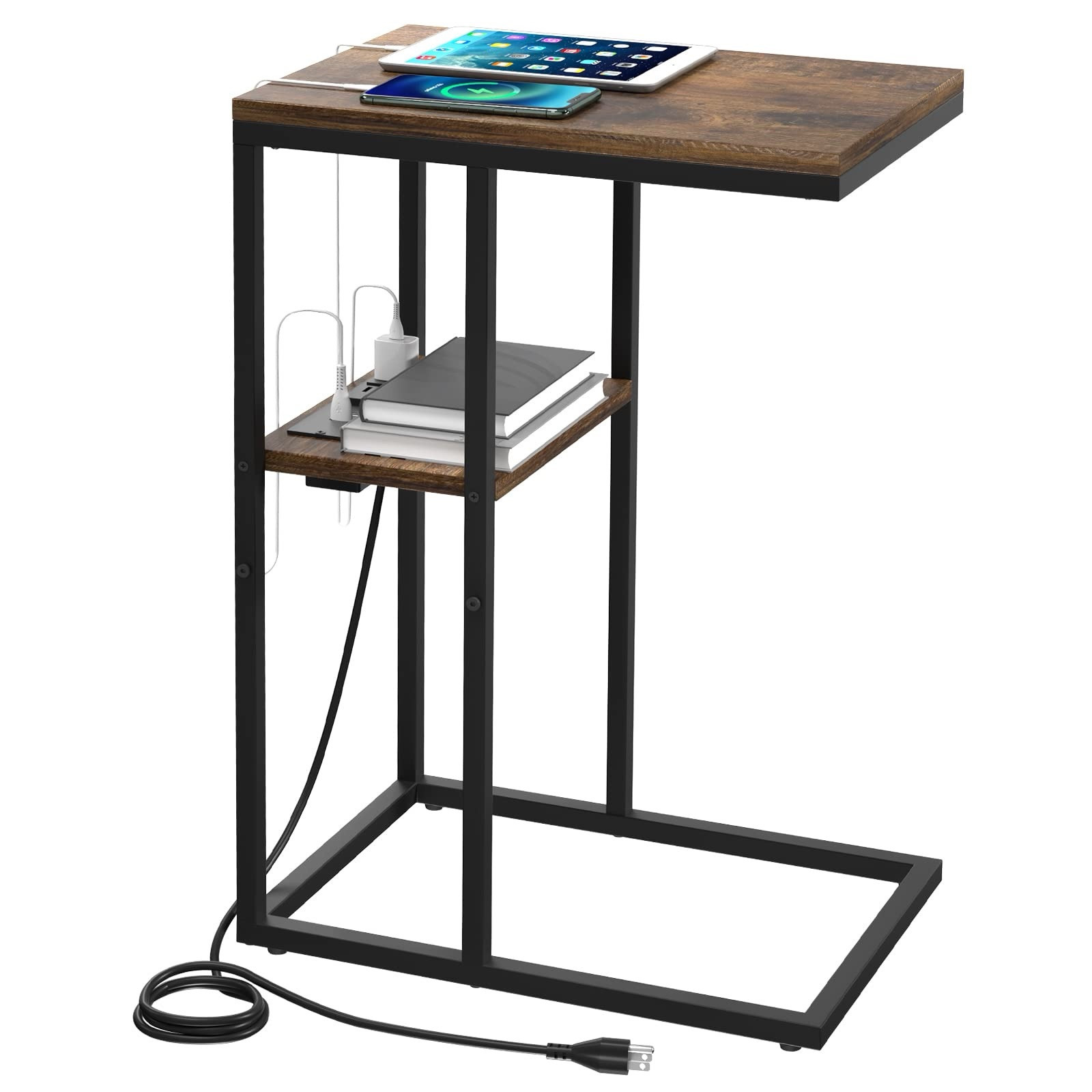 Yoobure C Shaped End Table with Charging Station for Living Rustic Brown