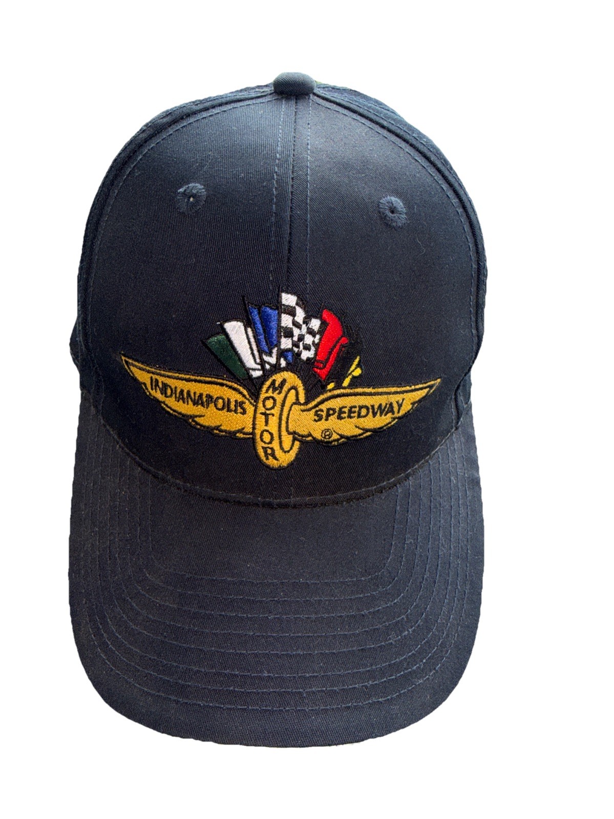 Indianapolis Motor Speedway Gold Wheel w Wings & Flags Navy Hat Cap Licensed