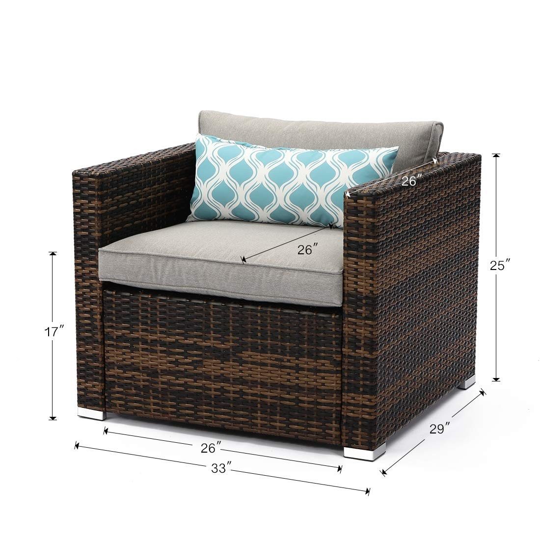 All-Weather Patio Chair, Single Brown Wicker Chair with Thick Gray Cushions &...